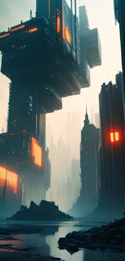 Futuristic cityscape with neon lights and towering structures.