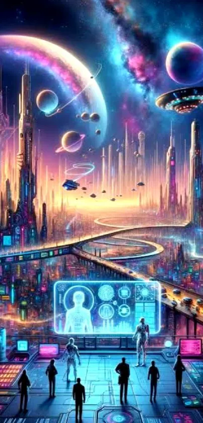 Futuristic sci-fi cityscape with neon colors and space elements.