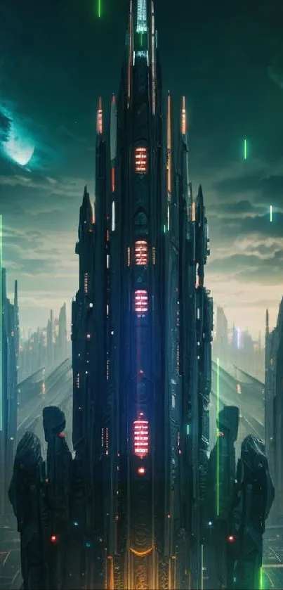 Futuristic cityscape with neon lights and towering skyscrapers.
