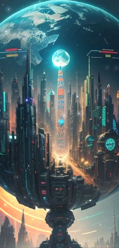 Futuristic sci-fi cityscape floating in space with cyber blue highlights.
