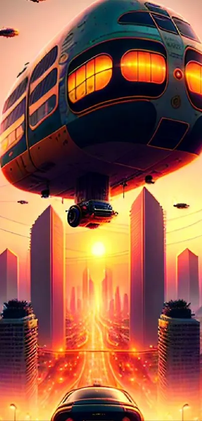 Futuristic cityscape with hovering vehicle and sunset glow.
