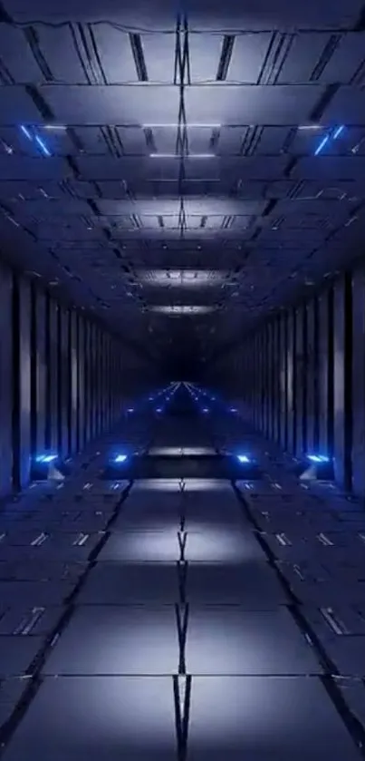 Futuristic dark blue sci-fi corridor wallpaper with vibrant lighting effects.