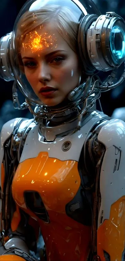 Futuristic female astronaut in a high-tech suit with glowing helmet.