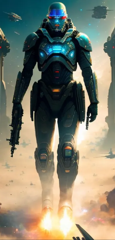 Futuristic cyber warrior in sci-fi scene with spaceships and glowing armor.