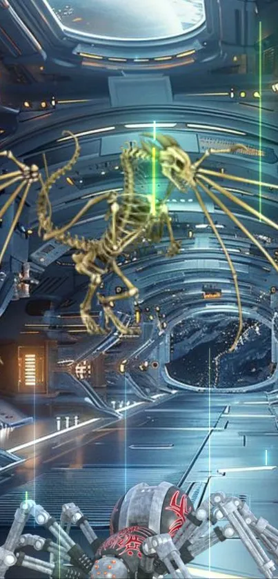 Skeletal dragon and robot spider in futuristic space station.