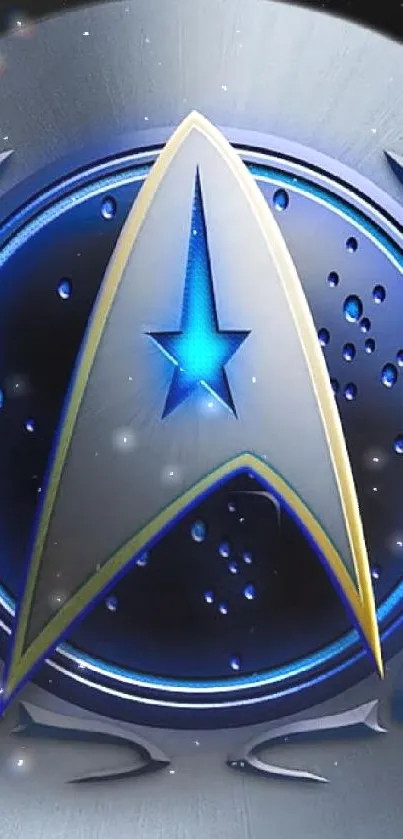 Futuristic emblem with a sci-fi design in blue and metallic tones on a phone wallpaper.