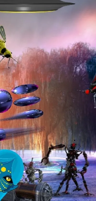 Futuristic sci-fi fantasy mobile phone wallpaper with vivid colors and alien elements.