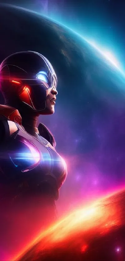 Futuristic robot with glowing eyes and vibrant space scene backdrop.