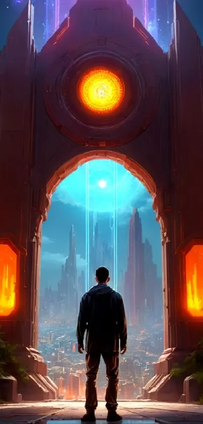 Futuristic cityscape with glowing portal and lone figure.