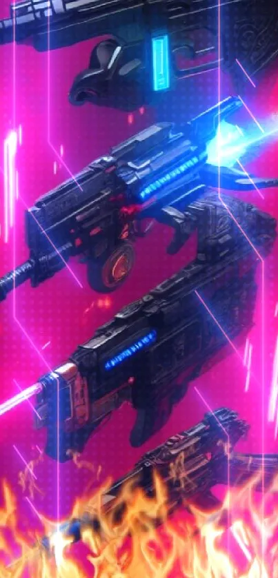 Futuristic sci-fi guns with vivid pink backdrop.