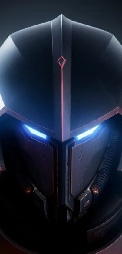 Futuristic sci-fi helmet with glowing eyes on a dark background.