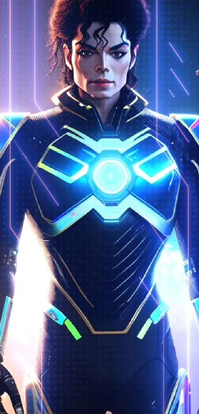 Futuristic hero in neon armor with a cosmic backdrop.