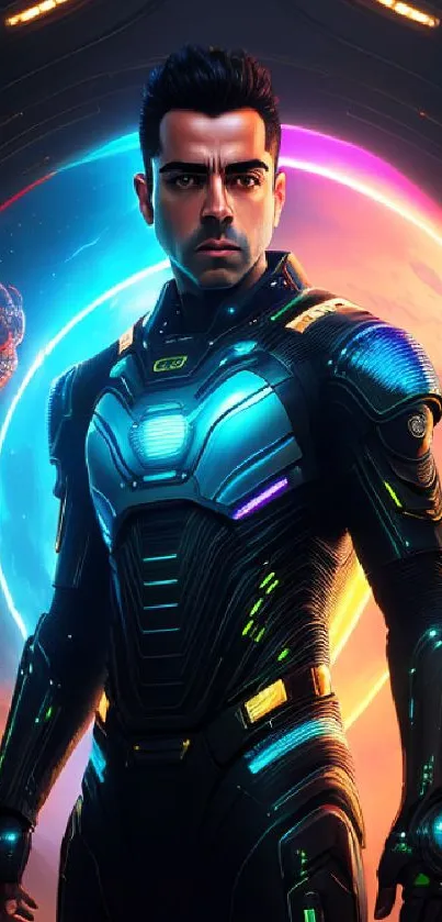 Futuristic sci-fi hero in a cosmic setting with vibrant neon lights.