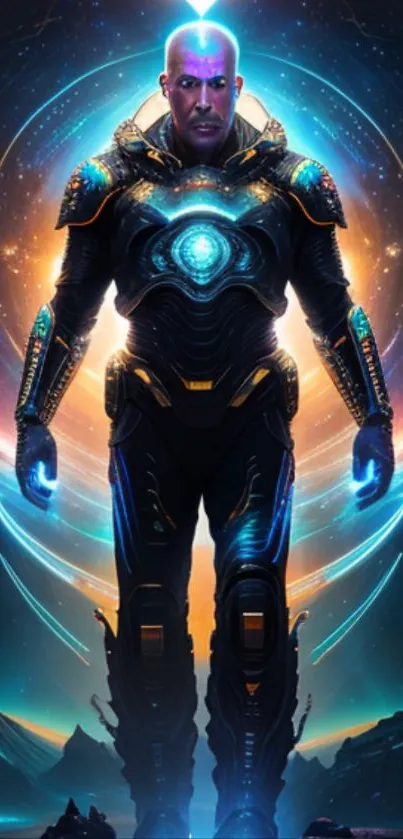 Futuristic sci-fi warrior in neon armor