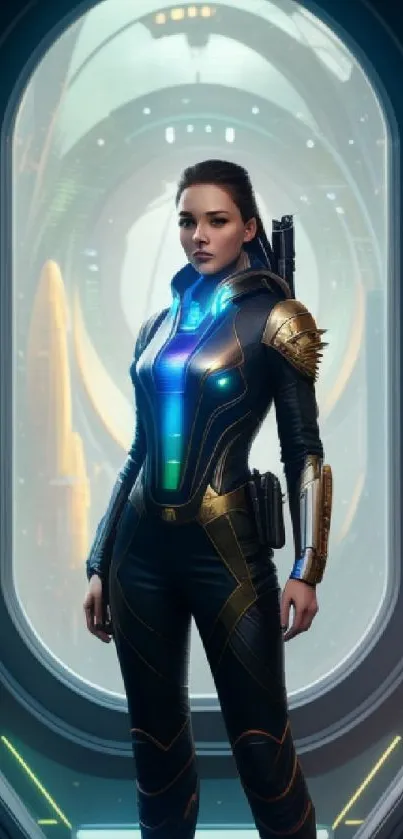 Futuristic female hero in armor in sci-fi setting on mobile wallpaper.