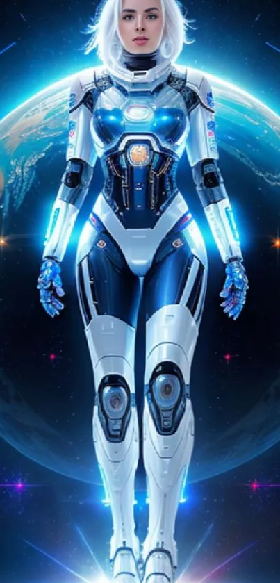 Futuristic female hero in sci-fi armor standing before a cosmic backdrop.