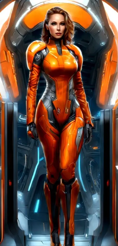 Sci-fi heroine in orange suit with high-tech backdrop.