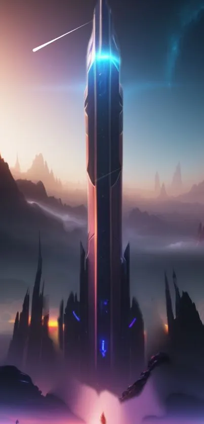 Futuristic sci-fi landscape with towering monolith and cosmic elements.