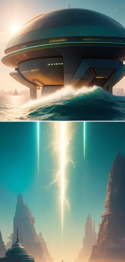 Futuristic spaceship and sci-fi landscape with cliffs and vibrant lighting.