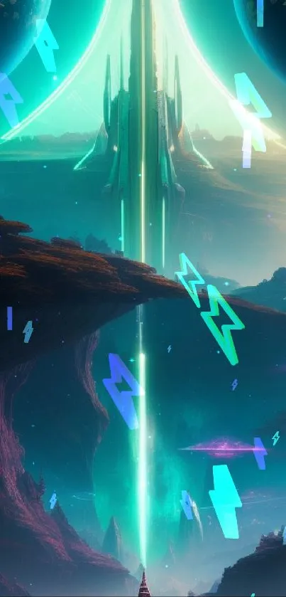 Futuristic sci-fi landscape with teal and cosmic elements.