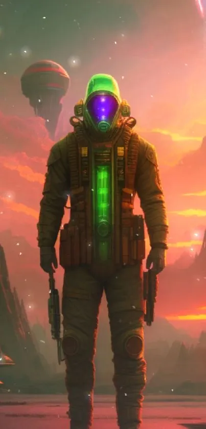 Futuristic astronaut in a vibrant sci-fi landscape with neon lighting.