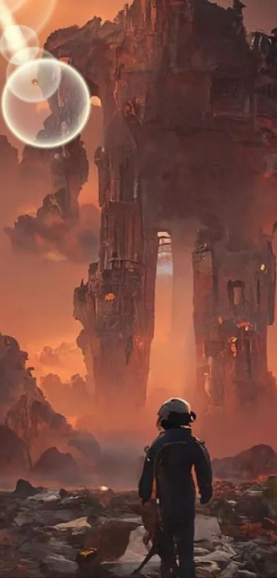 Sci-fi landscape with astronaut and alien ruins in dramatic orange hues.