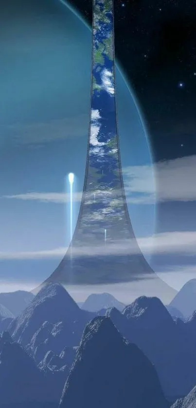 Futuristic sci-fi tower with starry sky and mountains.