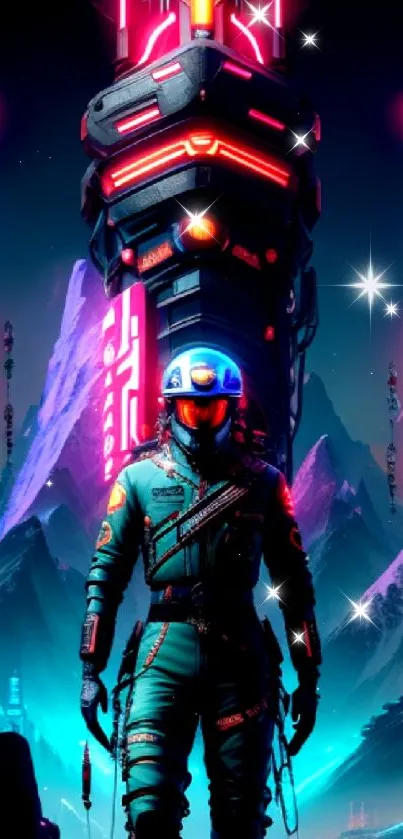 Futuristic sci-fi wallpaper featuring neon colors and a spaceman.