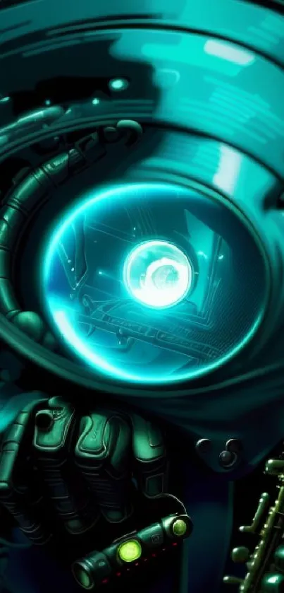 Futuristic sci-fi wallpaper with robotic eye and glowing teal design.