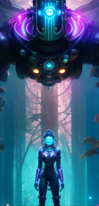 Futuristic scene with robot and armored figure in neon lights.