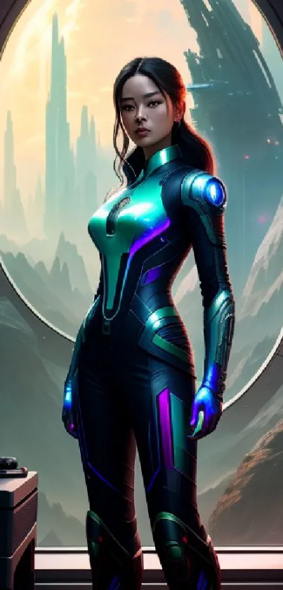 Futuristic sci-fi character in a high-tech suit with a cosmic background.