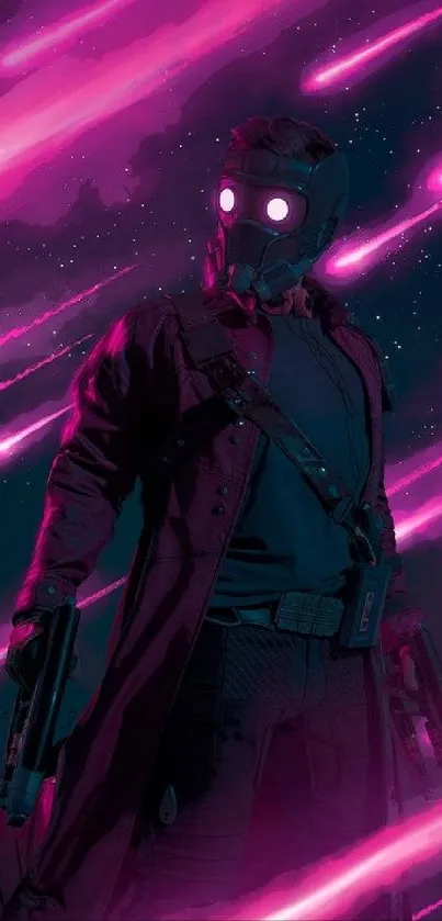 Futuristic hero in magenta lights with shooting stars.