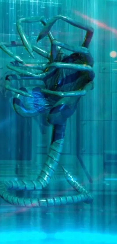 Futuristic blue sci-fi creature in a high-tech setting.