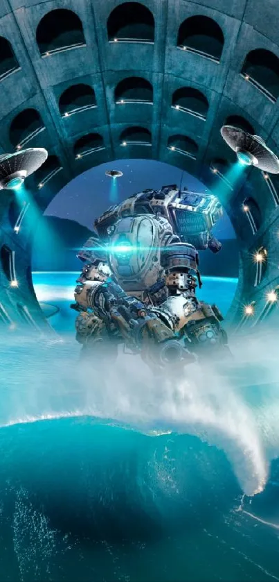 Futuristic scene with robot and ocean waves in a sci-fi setting.