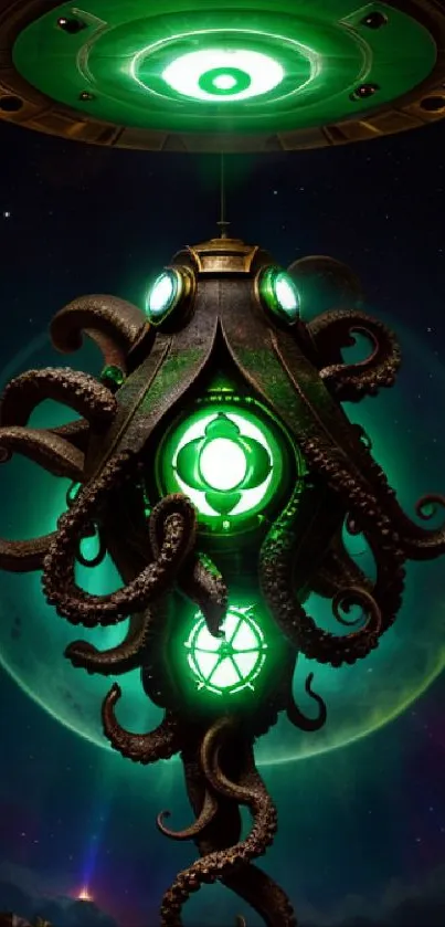 Futuristic sci-fi octopus with green cosmic glow.