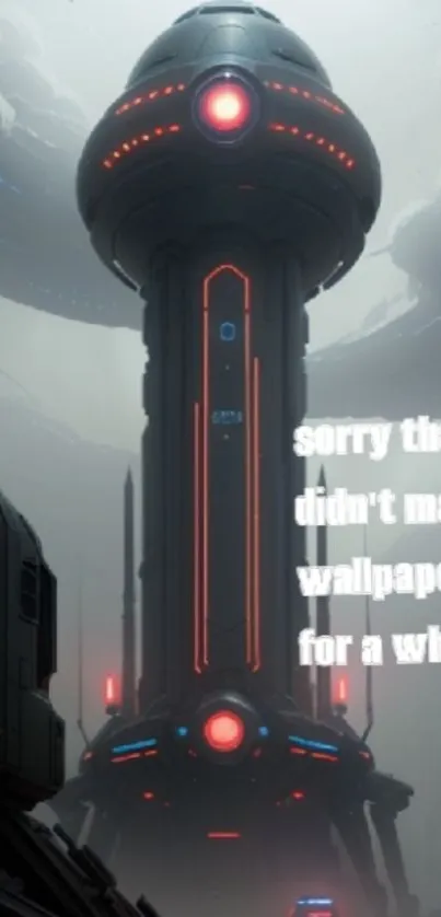 Futuristic sci-fi wallpaper with tall tower and red accents.