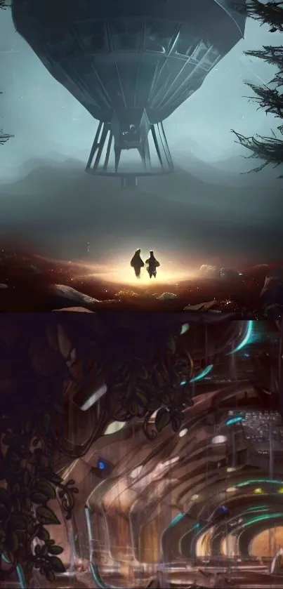 Futuristic sci-fi landscape phone wallpaper with vibrant and mysterious elements.