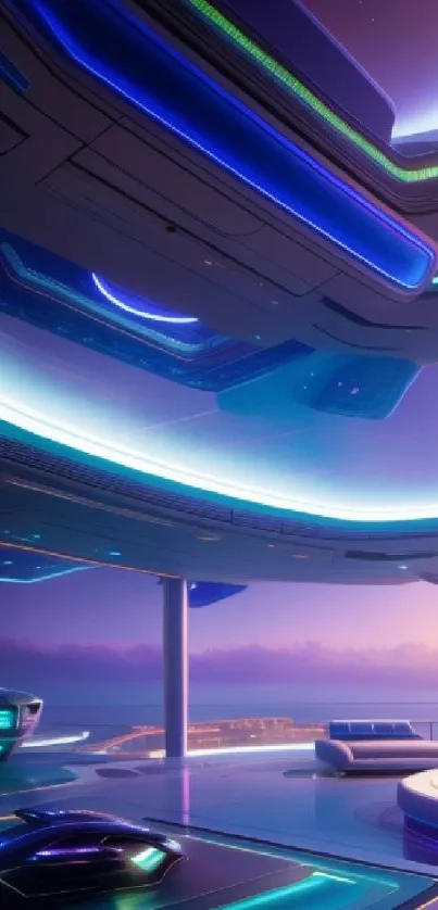 Futuristic sci-fi wallpaper with neon-lit spaceship interior.