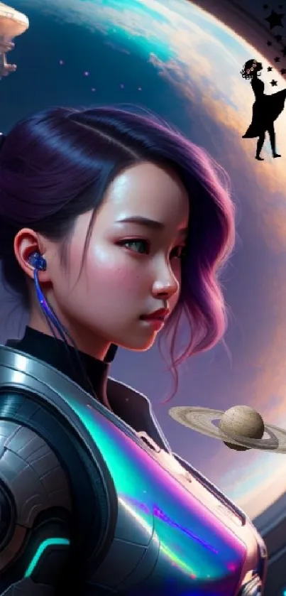 Futuristic wallpaper with a cybernetic woman gazing at a planet.