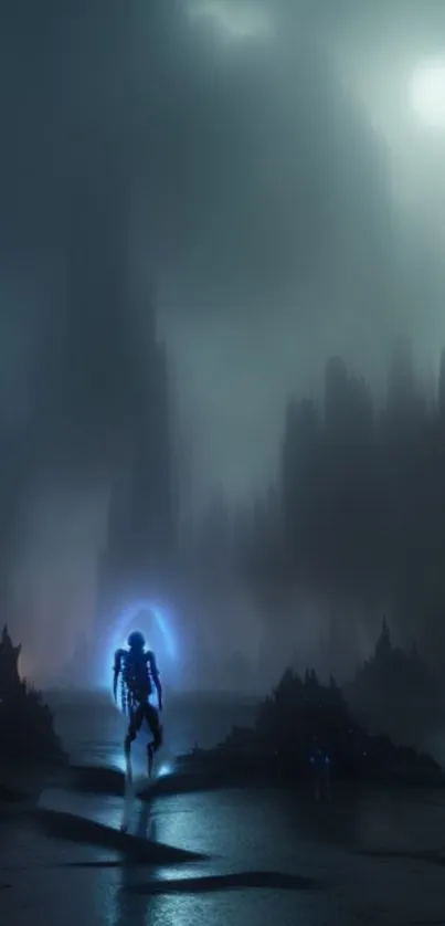 Lone silhouette in a misty sci-fi landscape with glowing blue aura.