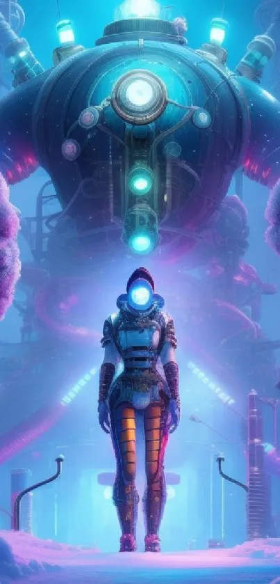 Futuristic sci-fi themed wallpaper with neon colors and a lone explorer.