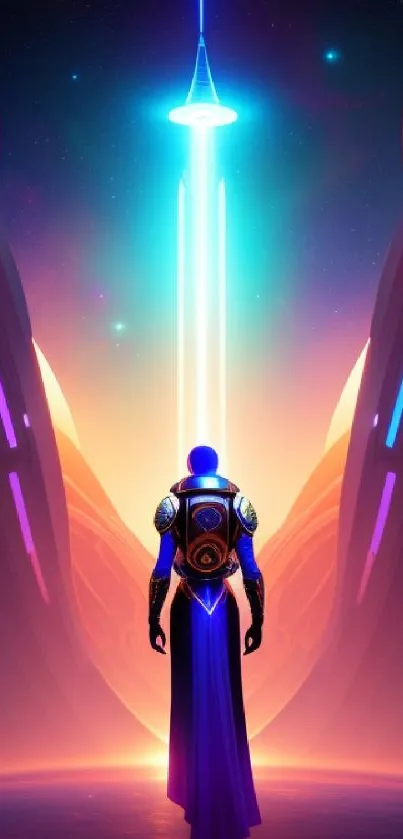 Futuristic astronaut under neon lights with cosmic background.