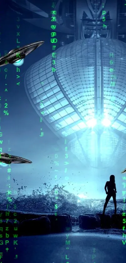 Futuristic sci-fi wallpaper with a silhouetted figure, alien ships, and green code.