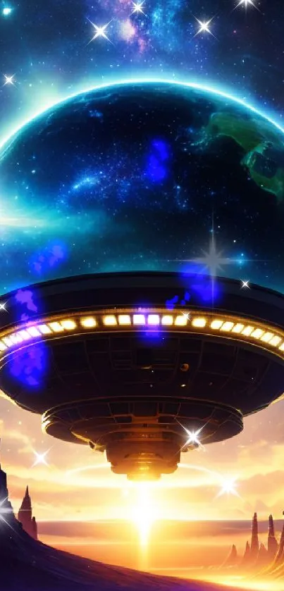 Futuristic sci-fi wallpaper with glowing planet.