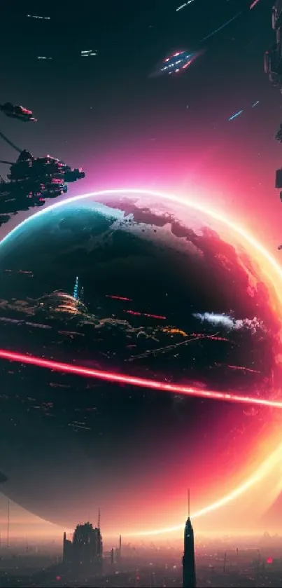 Futuristic neon sci-fi planet with spaceships and cityscape.