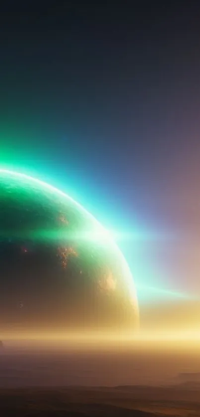 Sci-fi scene with glowing alien planet and vivid cosmic lights.