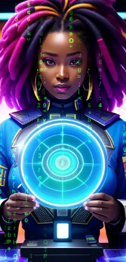 Futuristic sci-fi portrait with neon lights and vibrant colors.