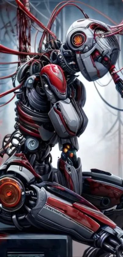 Futuristic sci-fi robot with red accents.