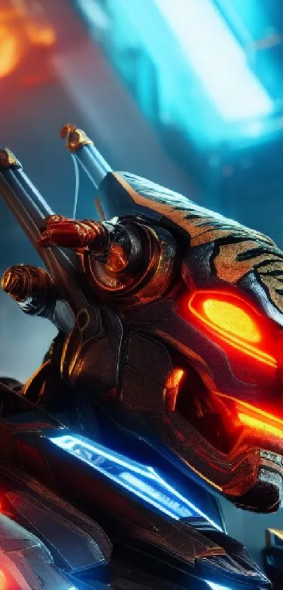 Futuristic sci-fi robot with neon lights and intricate tech design.