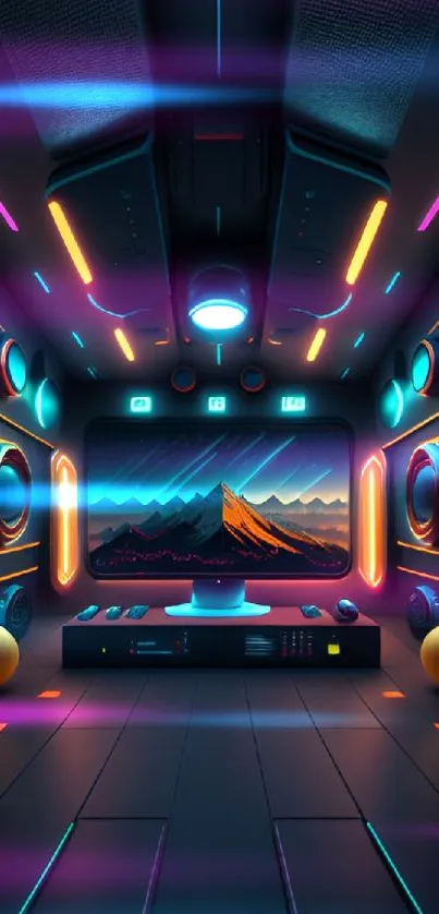 Futuristic room with neon lights and digital mountain view.